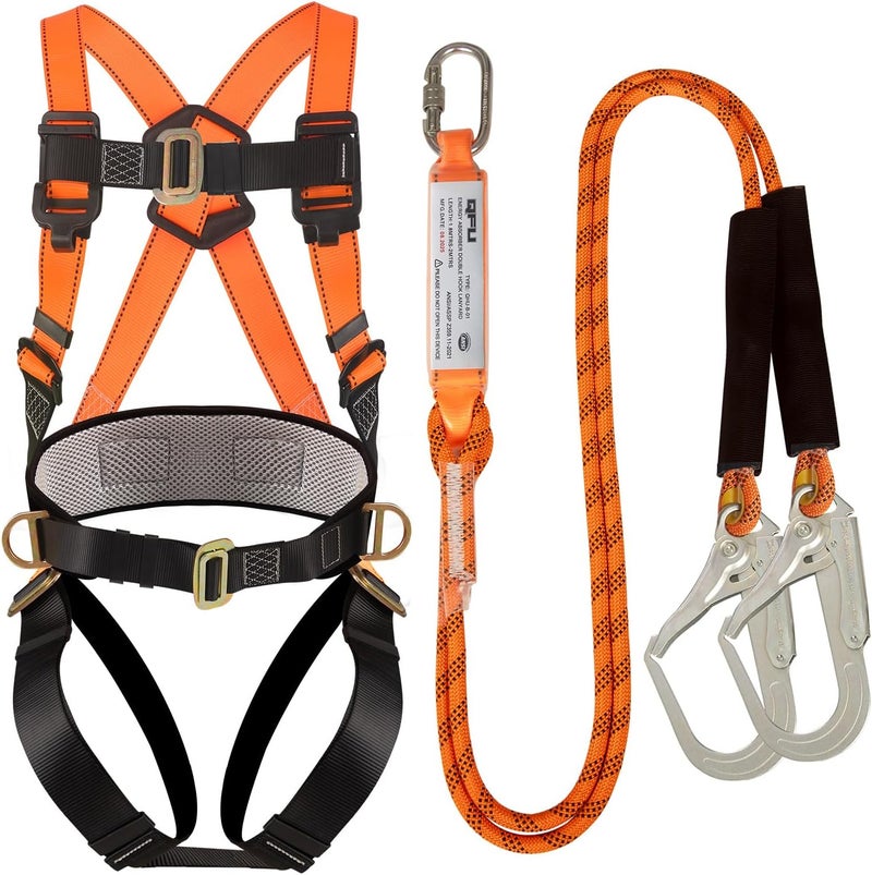 QFU Safety harness fall protection kit, equipped with shock-absorbing ropes, full-body safety harness for roof work - Image 1
